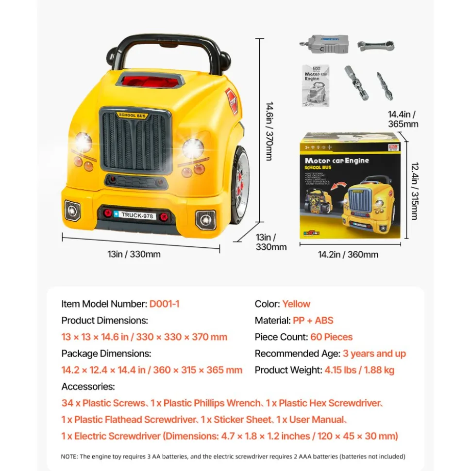 VEVOR Engine Toy, 60 Pieces, Kids Mechanic Car Repair Set with Removable Parts, Lights and Sounds, Steering Wheel and Horn, Kids Mechanic Workshop Set for Toddler Ages 3 Years and Up, Yellow