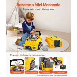 VEVOR Engine Toy, 60 Pieces, Kids Mechanic Car Repair Set with Removable Parts, Lights and Sounds, Steering Wheel and Horn, Kids Mechanic Workshop Set for Toddler Ages 3 Years and Up, Yellow