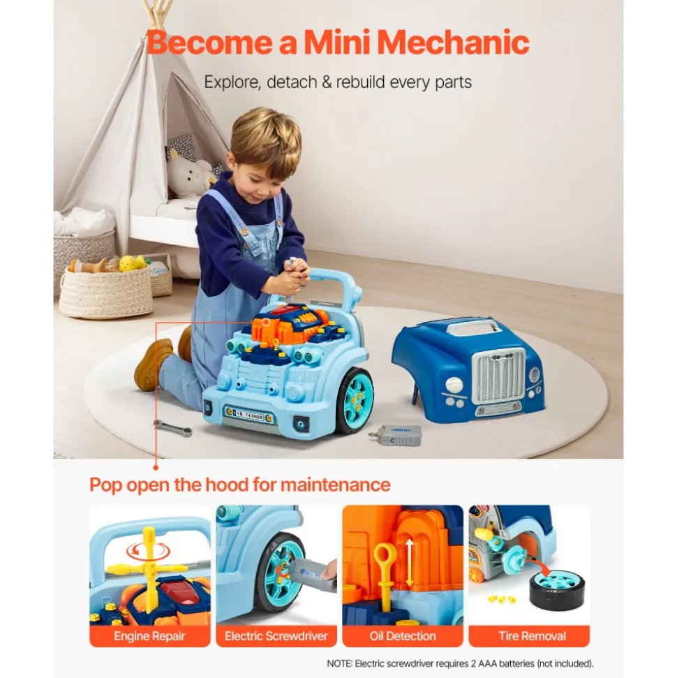 VEVOR Engine Toy, 60 Pieces, Kids Mechanic Car Repair Set with Removable Parts, Lights and Sounds, Steering Wheel and Horn, Kids Mechanic Workshop Set for Toddler Ages 3 Years and Up, Blue