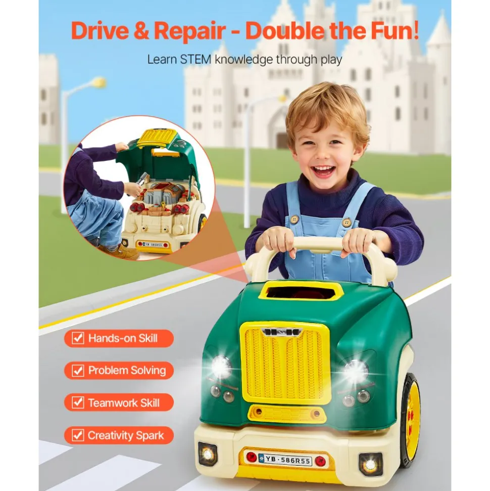 VEVOR Engine Toy, 60 Pieces, Kids Mechanic Car Repair Set with Removable Parts, Lights and Sounds, Steering Wheel and Horn, Kids Mechanic Workshop Set for Toddler Ages 3 Years and Up, Green