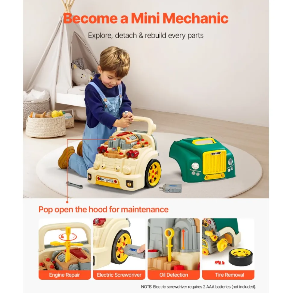VEVOR Engine Toy, 60 Pieces, Kids Mechanic Car Repair Set with Removable Parts, Lights and Sounds, Steering Wheel and Horn, Kids Mechanic Workshop Set for Toddler Ages 3 Years and Up, Green