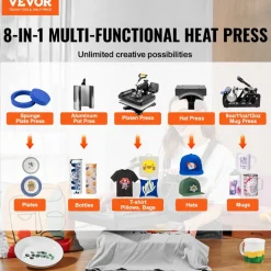 VEVOR Enhanced Heat Press Device, ETL Safety Certified, 12x15 inch, 8-in-1 Energy Efficient Combo, Versatile Sublimation with 360° Swivel