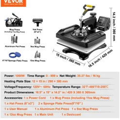 VEVOR Enhanced Heat Press Device, ETL Safety Certified, 12x15 inch, 8-in-1 Energy Efficient Combo, Versatile Sublimation with 360° Swivel