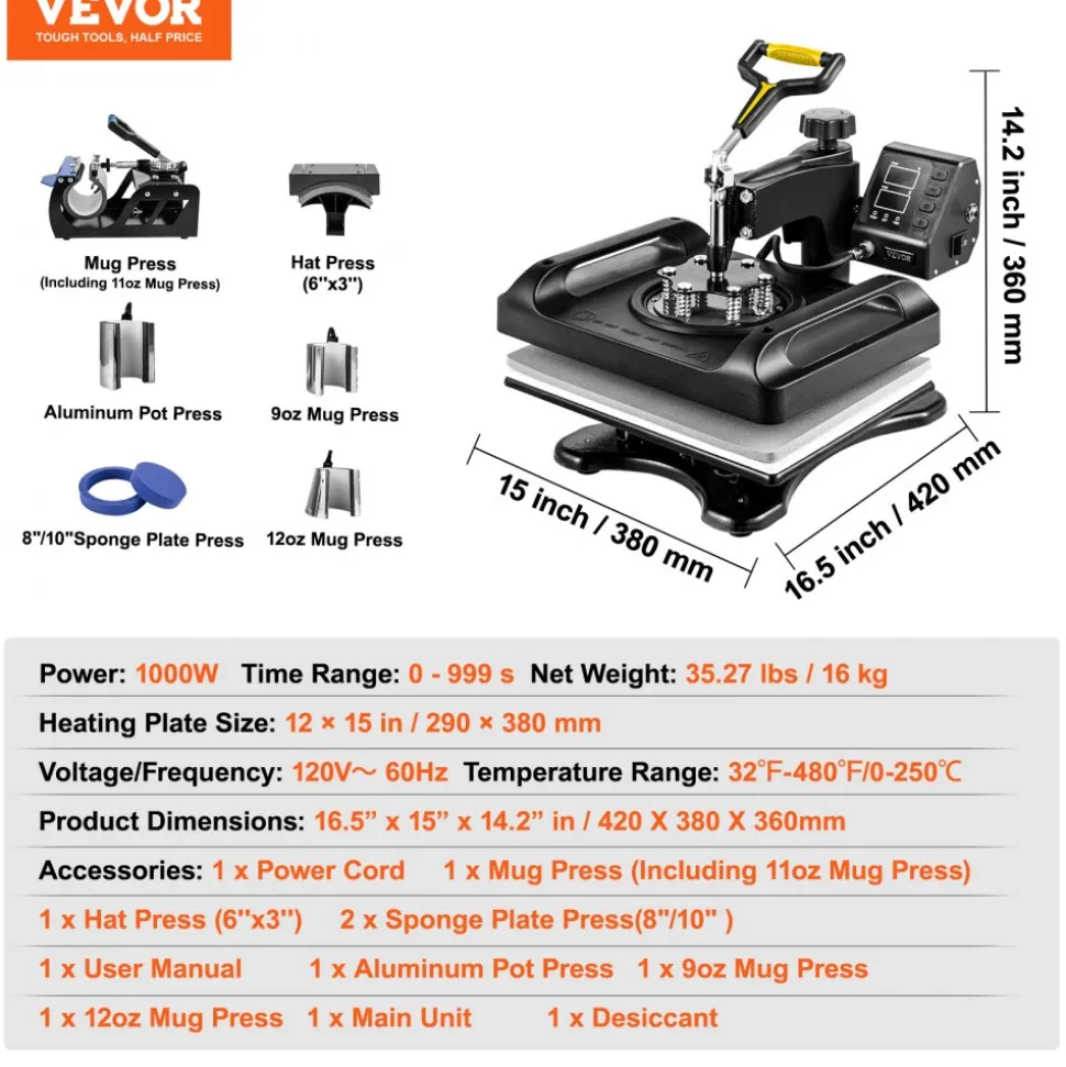 VEVOR Enhanced Heat Press Device, ETL Safety Certified, 12x15 inch, 8-in-1 Energy Efficient Combo, Versatile Sublimation with 360° Swivel
