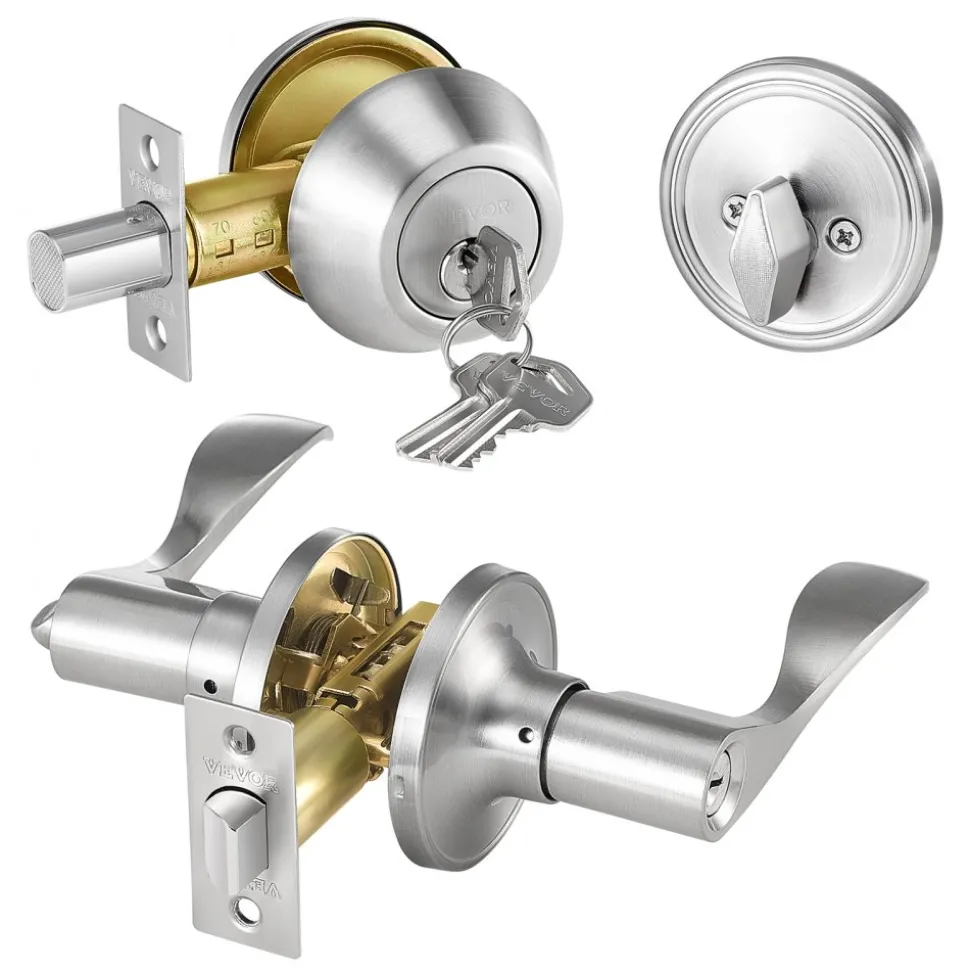 VEVOR Entry Door Locksets with Deadbolt, 5 Pack Satin Nickel Entry Lever and Single Cylinder Deadbolt, Keyed Alike Combo Pack, Fit for 1-3/8" to 1-3/4" Door Thickness, for Entrance and Front Door