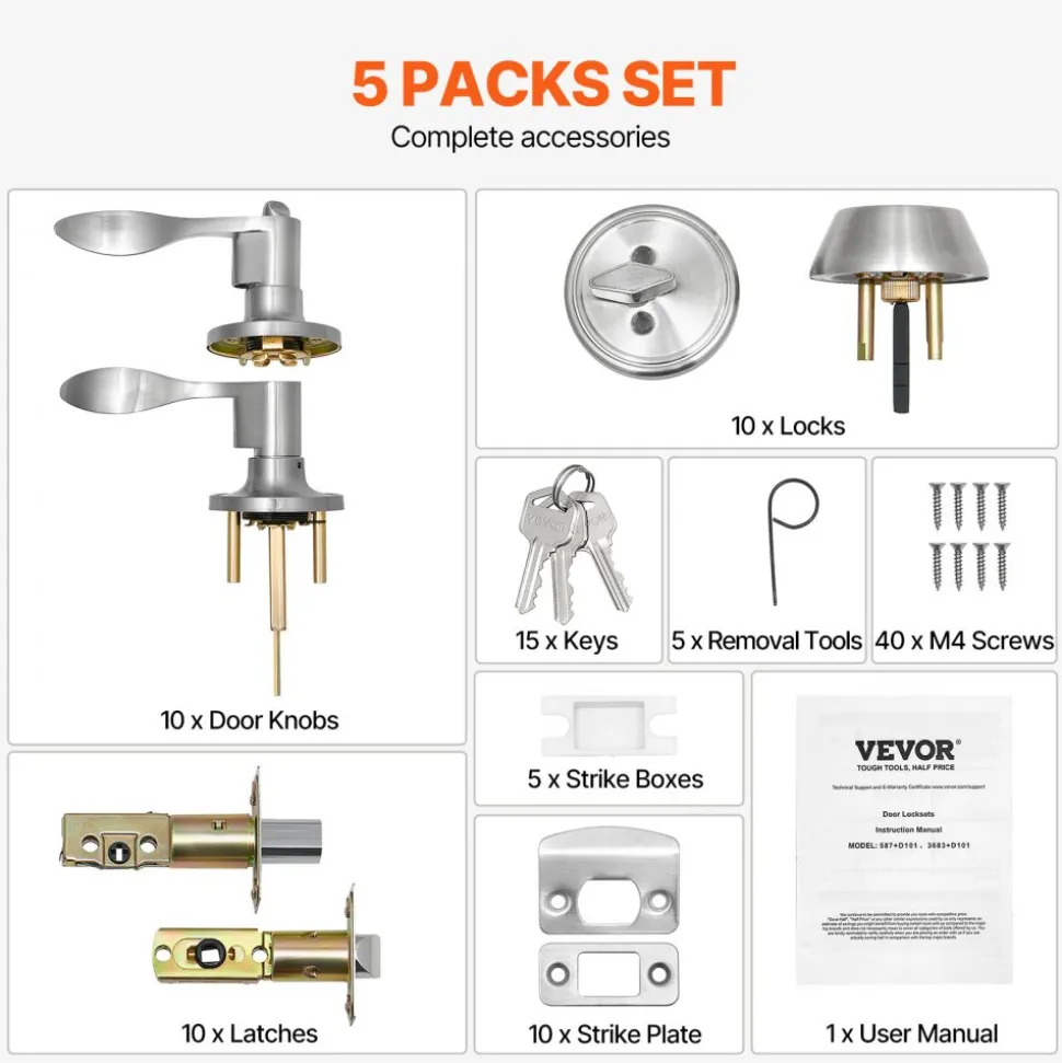 VEVOR Entry Door Locksets with Deadbolt, 5 Pack Satin Nickel Entry Lever and Single Cylinder Deadbolt, Keyed Alike Combo Pack, Fit for 1-3/8" to 1-3/4" Door Thickness, for Entrance and Front Door
