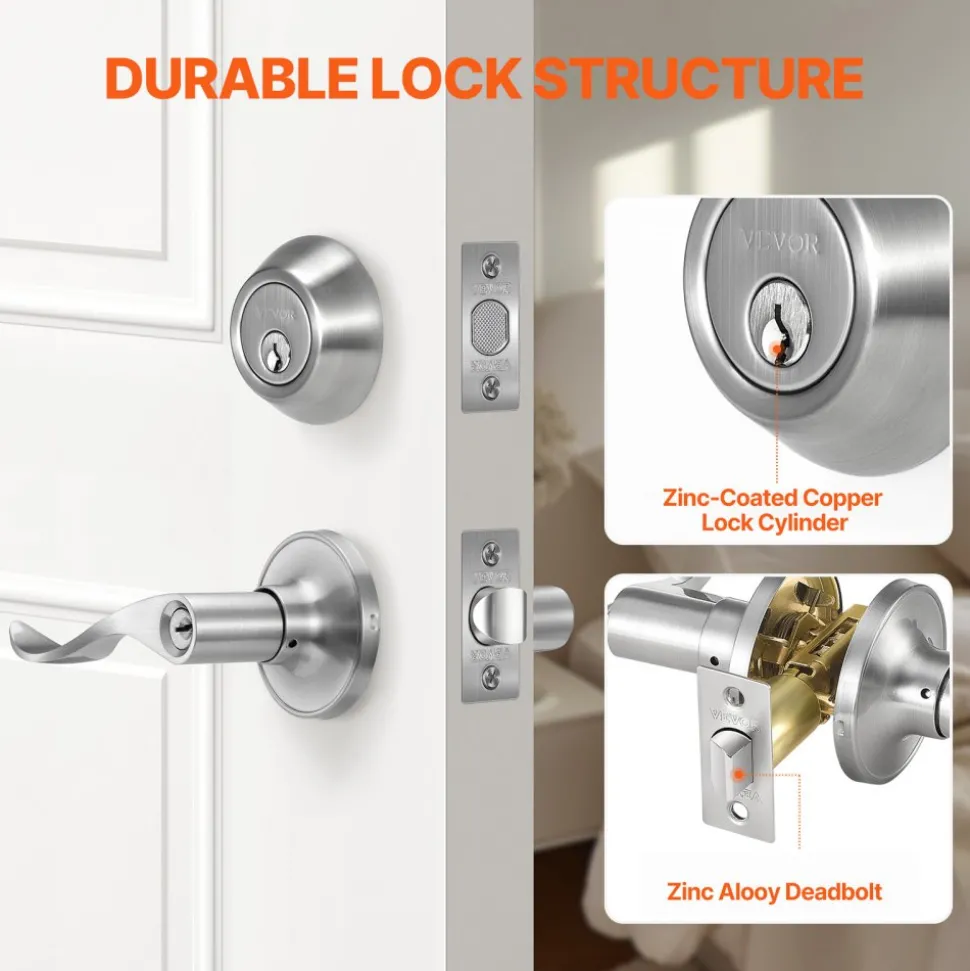 VEVOR Entry Door Locksets with Deadbolt, 5 Pack Satin Nickel Entry Lever and Single Cylinder Deadbolt, Keyed Alike Combo Pack, Fit for 1-3/8" to 1-3/4" Door Thickness, for Entrance and Front Door
