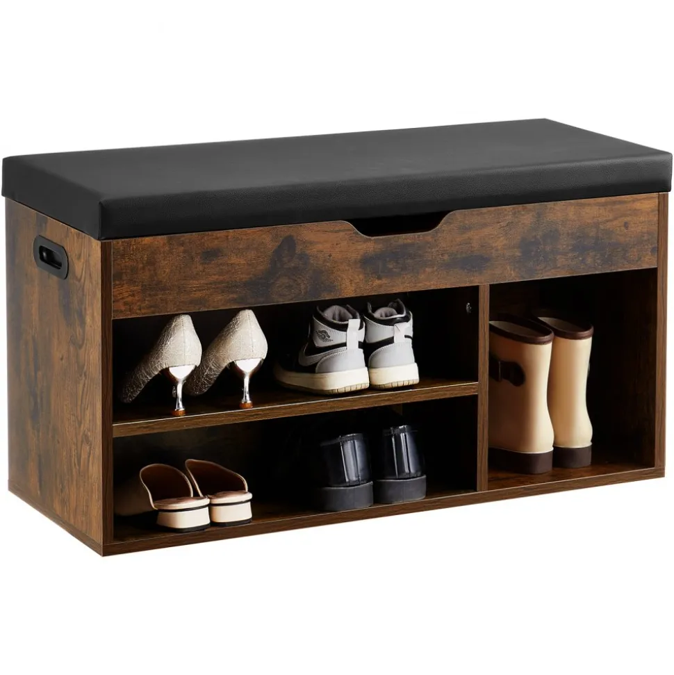 VEVOR Entryway Shoe Bench, 31.7 x 12.0 x 17.5 Inch Shoe Storage Organizer with Lift Top Storage Space, 300lbs Bench with Cushion Seat and 3 Cabinets for Hallway, Living Room, Bedroom, Brown + Black