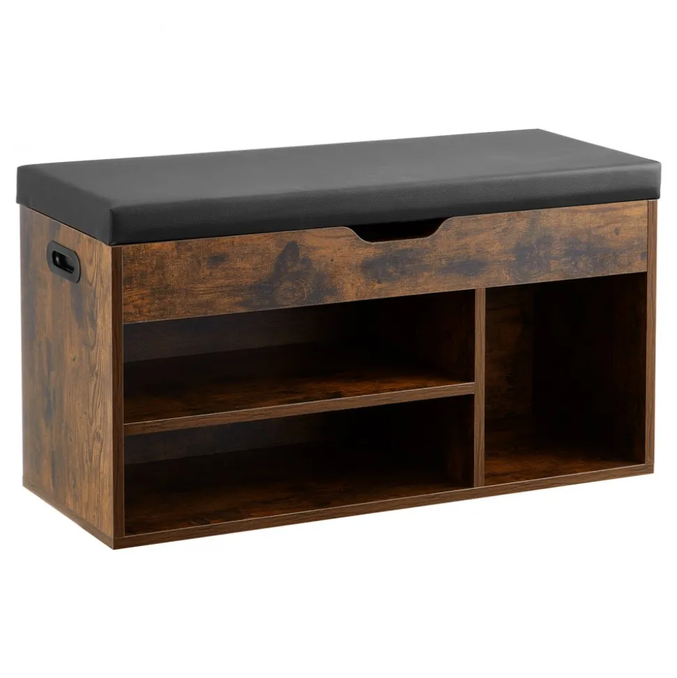 VEVOR Entryway Shoe Bench, 31.7 x 12.0 x 17.5 Inch Shoe Storage Organizer with Lift Top Storage Space, 300lbs Bench with Cushion Seat and 3 Cabinets for Hallway, Living Room, Bedroom, Brown + Black