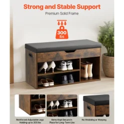 VEVOR Entryway Shoe Bench, 31.7 x 12.0 x 17.5 Inch Shoe Storage Organizer with Lift Top Storage Space, 300lbs Bench with Cushion Seat and 3 Cabinets for Hallway, Living Room, Bedroom, Brown + Black