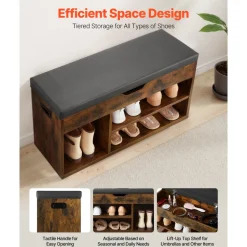 VEVOR Entryway Shoe Bench, 31.7 x 12.0 x 17.5 Inch Shoe Storage Organizer with Lift Top Storage Space, 300lbs Bench with Cushion Seat and 3 Cabinets for Hallway, Living Room, Bedroom, Brown + Black