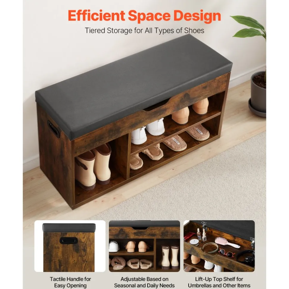 VEVOR Entryway Shoe Bench, 31.7 x 12.0 x 17.5 Inch Shoe Storage Organizer with Lift Top Storage Space, 300lbs Bench with Cushion Seat and 3 Cabinets for Hallway, Living Room, Bedroom, Brown + Black