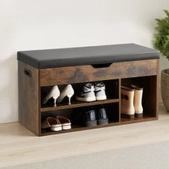 VEVOR Entryway Shoe Bench, 31.7 x 12.0 x 17.5 Inch Shoe Storage Organizer with Lift Top Storage Space, 300lbs Bench with Cushion Seat and 3 Cabinets for Hallway, Living Room, Bedroom, Brown + Black