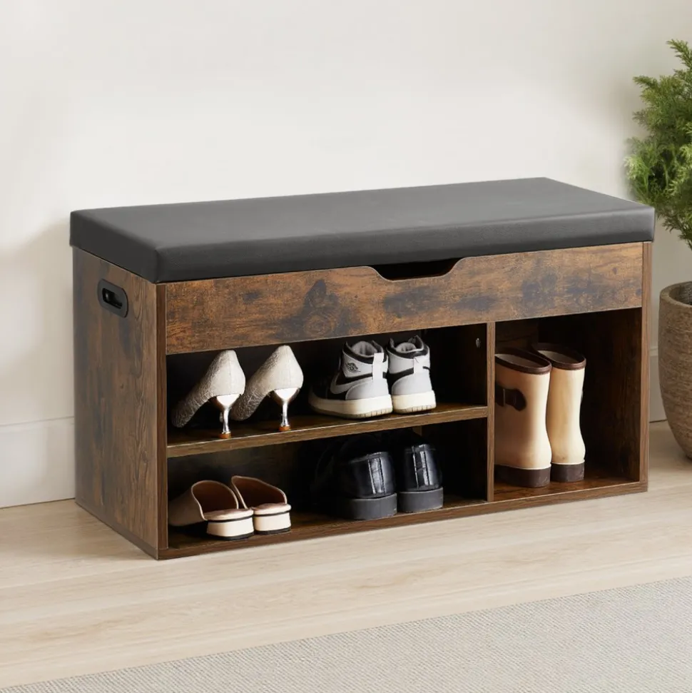 VEVOR Entryway Shoe Bench, 31.7 x 12.0 x 17.5 Inch Shoe Storage Organizer with Lift Top Storage Space, 300lbs Bench with Cushion Seat and 3 Cabinets for Hallway, Living Room, Bedroom, Brown + Black