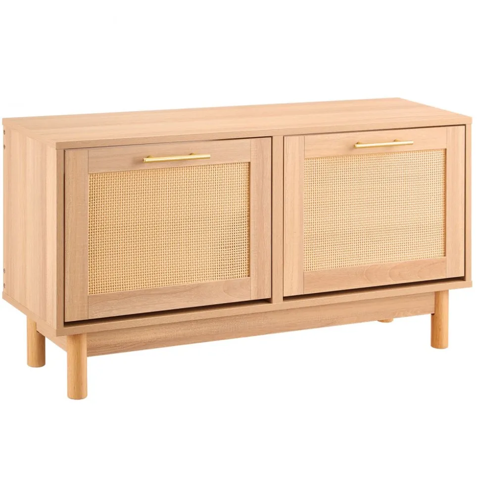 VEVOR Entryway Shoe Bench, 39.4 x 11.8 x 20.9 Inch Rattan-Like Shoes Bench with 2 Flip Drawers, 300lbs Shoe Storage Rack with 4 Compartments and 2 Rattan Doors, for Hallway, Living Room, Bedroom