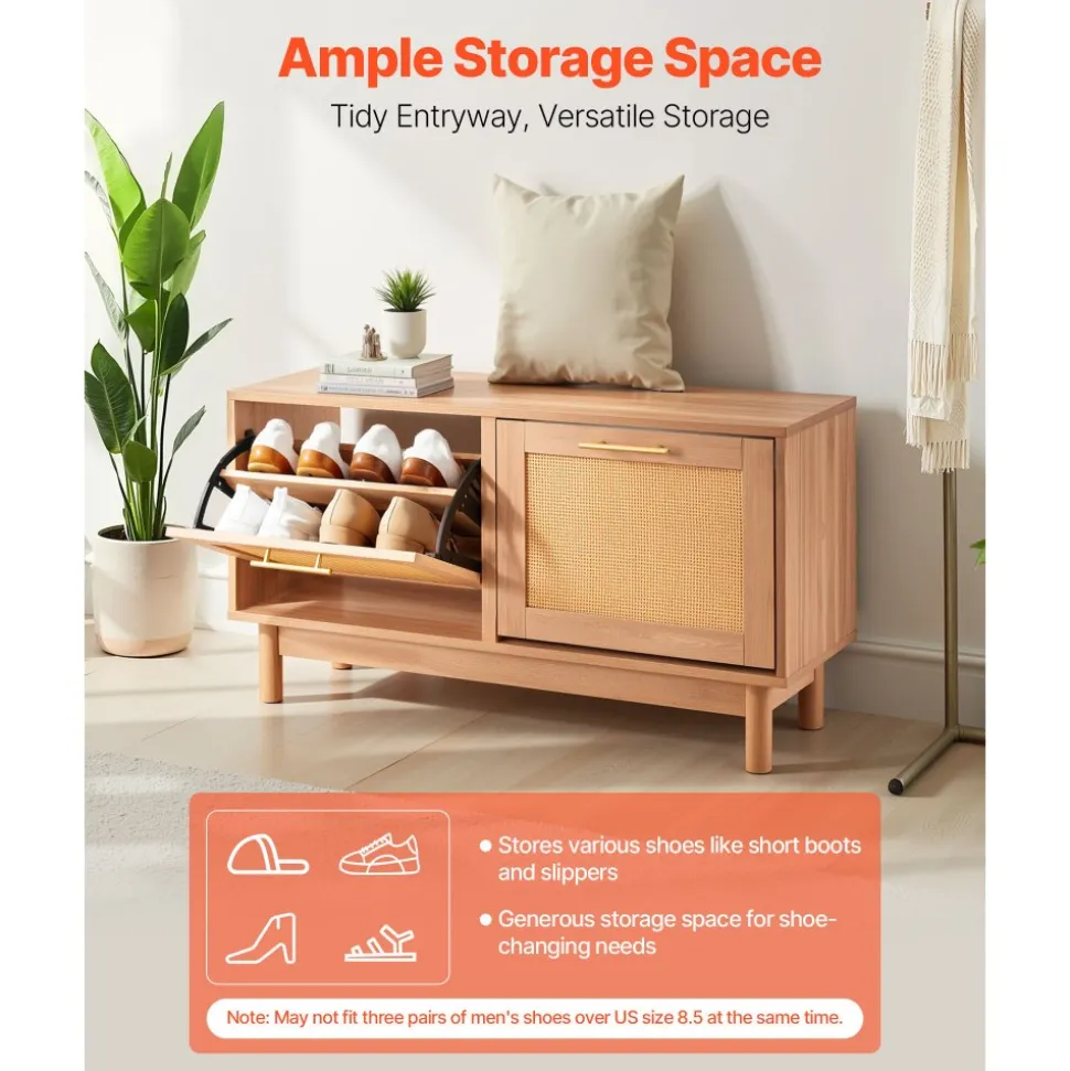 VEVOR Entryway Shoe Bench, 39.4 x 11.8 x 20.9 Inch Rattan-Like Shoes Bench with 2 Flip Drawers, 300lbs Shoe Storage Rack with 4 Compartments and 2 Rattan Doors, for Hallway, Living Room, Bedroom