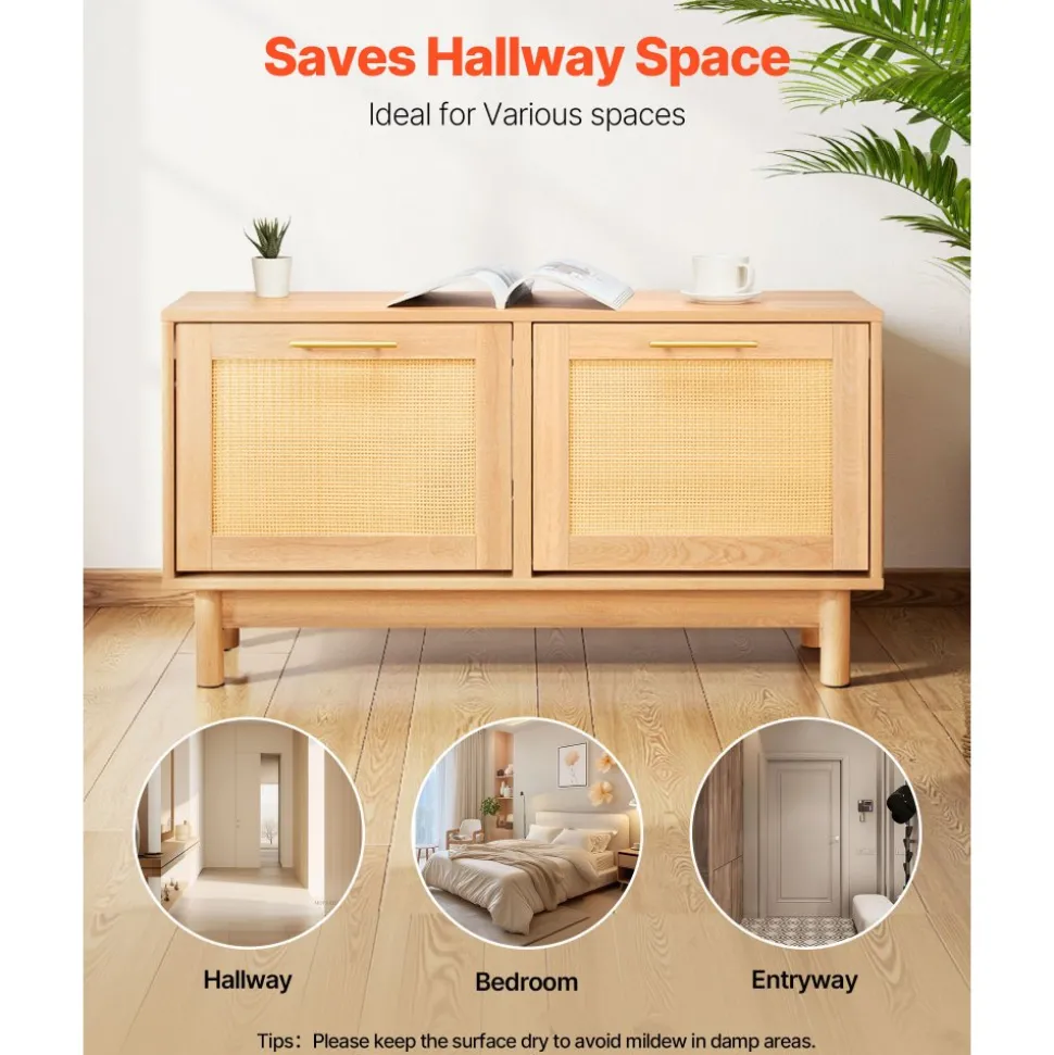 VEVOR Entryway Shoe Bench, 39.4 x 11.8 x 20.9 Inch Rattan-Like Shoes Bench with 2 Flip Drawers, 300lbs Shoe Storage Rack with 4 Compartments and 2 Rattan Doors, for Hallway, Living Room, Bedroom