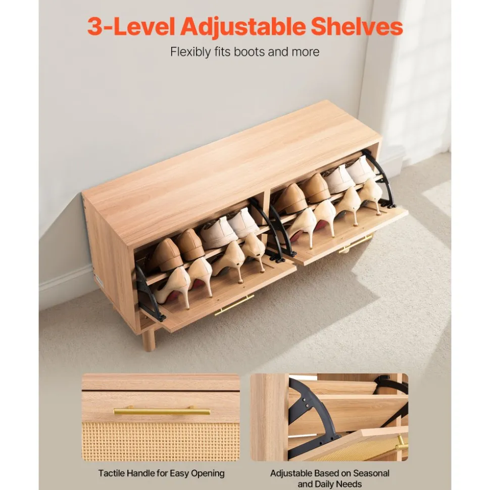 VEVOR Entryway Shoe Bench, 39.4 x 11.8 x 20.9 Inch Rattan-Like Shoes Bench with 2 Flip Drawers, 300lbs Shoe Storage Rack with 4 Compartments and 2 Rattan Doors, for Hallway, Living Room, Bedroom