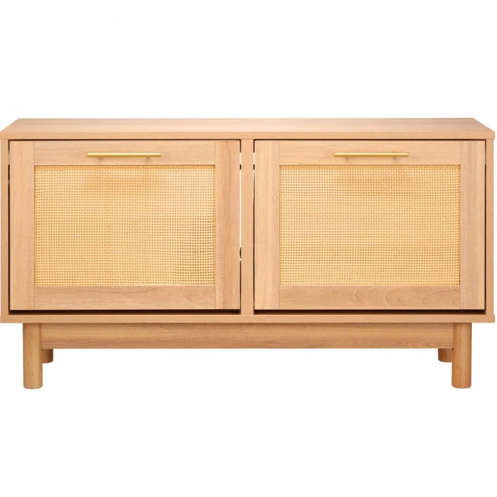 VEVOR Entryway Shoe Bench, 39.4 x 11.8 x 20.9 Inch Rattan-Like Shoes Bench with 2 Flip Drawers, 300lbs Shoe Storage Rack with 4 Compartments and 2 Rattan Doors, for Hallway, Living Room, Bedroom