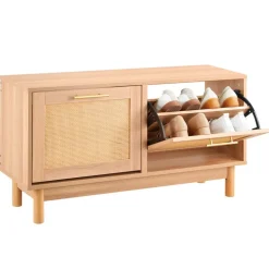 VEVOR Entryway Shoe Bench, 39.4 x 11.8 x 20.9 Inch Rattan-Like Shoes Bench with 2 Flip Drawers, 300lbs Shoe Storage Rack with 4 Compartments and 2 Rattan Doors, for Hallway, Living Room, Bedroom
