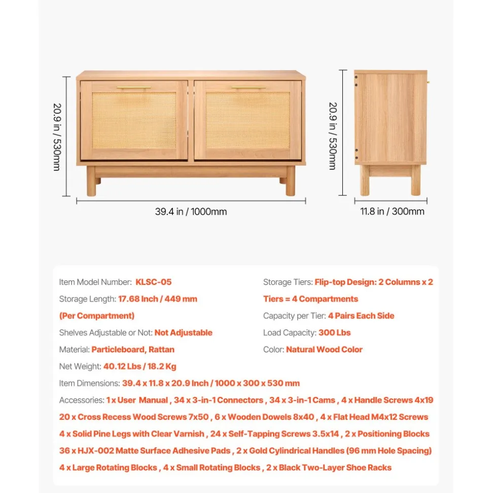 VEVOR Entryway Shoe Bench, 39.4 x 11.8 x 20.9 Inch Rattan-Like Shoes Bench with 2 Flip Drawers, 300lbs Shoe Storage Rack with 4 Compartments and 2 Rattan Doors, for Hallway, Living Room, Bedroom