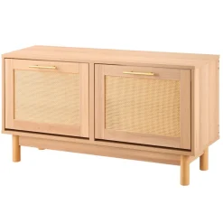VEVOR Entryway Shoe Bench, 39.4 x 11.8 x 20.9 Inch Rattan-Like Shoes Bench with 2 Flip Drawers, 300lbs Shoe Storage Rack with 4 Compartments and 2 Rattan Doors, for Hallway, Living Room, Bedroom