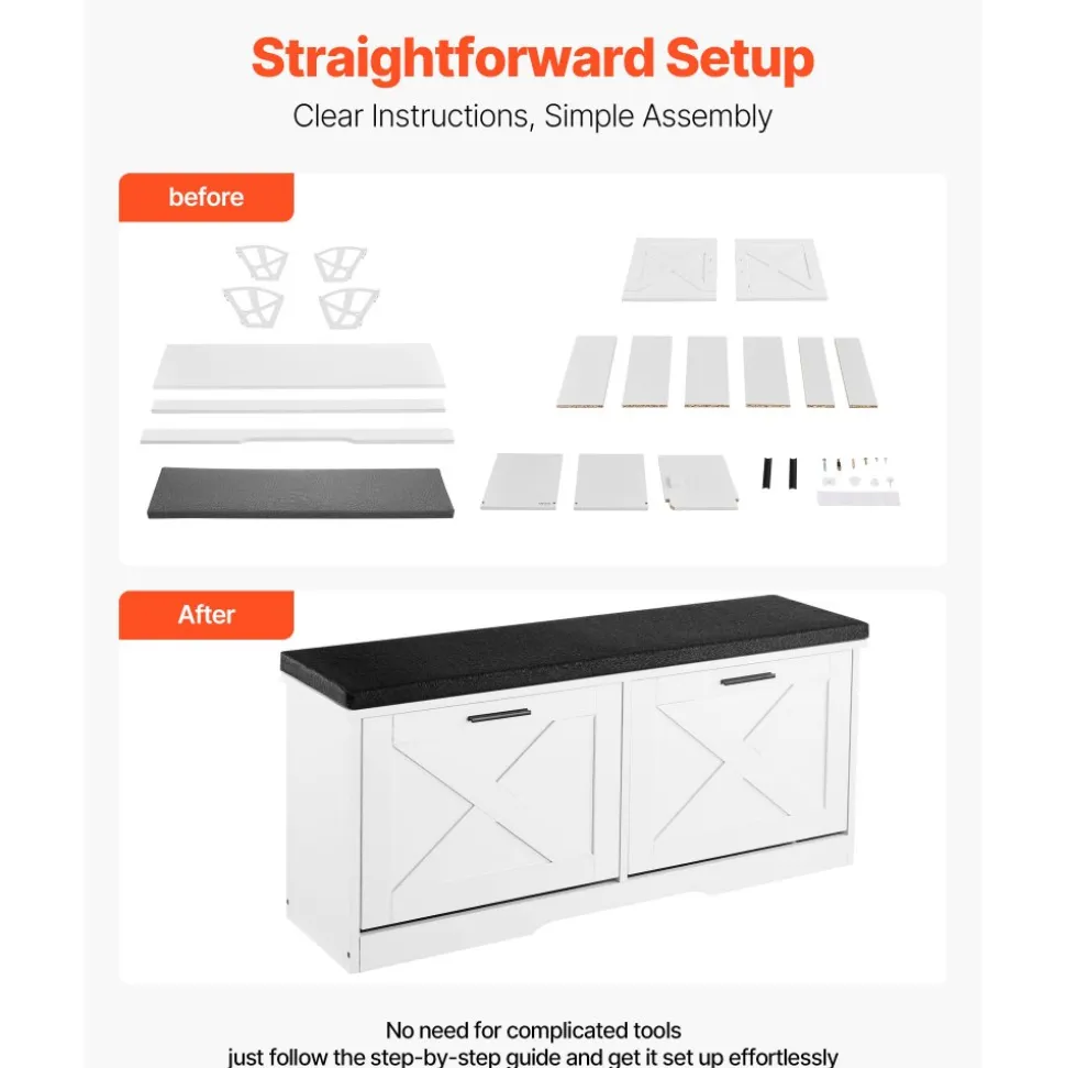 VEVOR Entryway Shoe Storage Bench, 39.4 x 12.0 x 18.7 Inch Shoe Organizer with Flip Drawers, 440lbs Narrow Shoes Rack Bench with Cushion & Flip Doors, for Hallway, Living Room, Bedroom, Black + White
