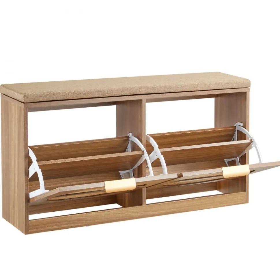 VEVOR Entryway Shoe Storage Bench 38.9" Wide 2-Tier Shoe Bench Rattan-Like, with 2 Flip Drawers, 440 lbs Load Capacity Storage Rack with Padded Seat Cushion, for Hallway, Living Room, and Bedroom