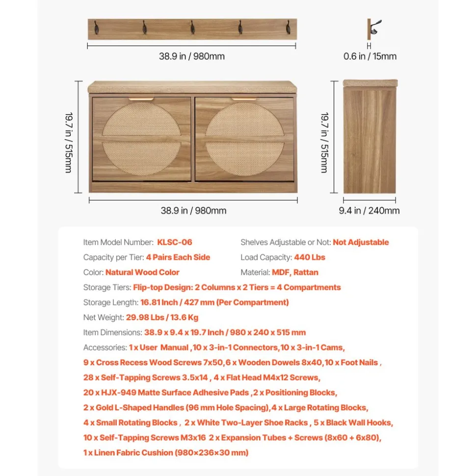 VEVOR Entryway Shoe Storage Bench 38.9" Wide 2-Tier Shoe Bench Rattan-Like, with 2 Flip Drawers, 440 lbs Load Capacity Storage Rack with Padded Seat Cushion, for Hallway, Living Room, and Bedroom