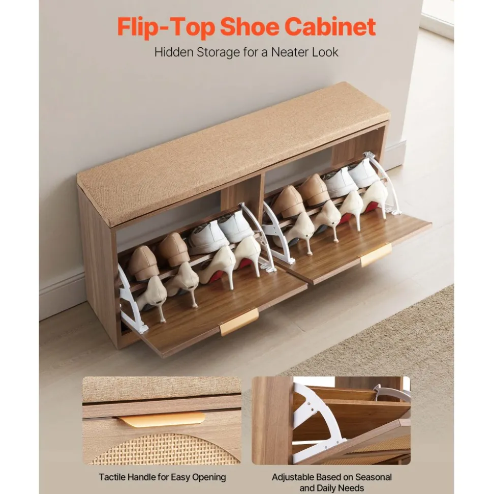 VEVOR Entryway Shoe Storage Bench 38.9" Wide 2-Tier Shoe Bench Rattan-Like, with 2 Flip Drawers, 440 lbs Load Capacity Storage Rack with Padded Seat Cushion, for Hallway, Living Room, and Bedroom