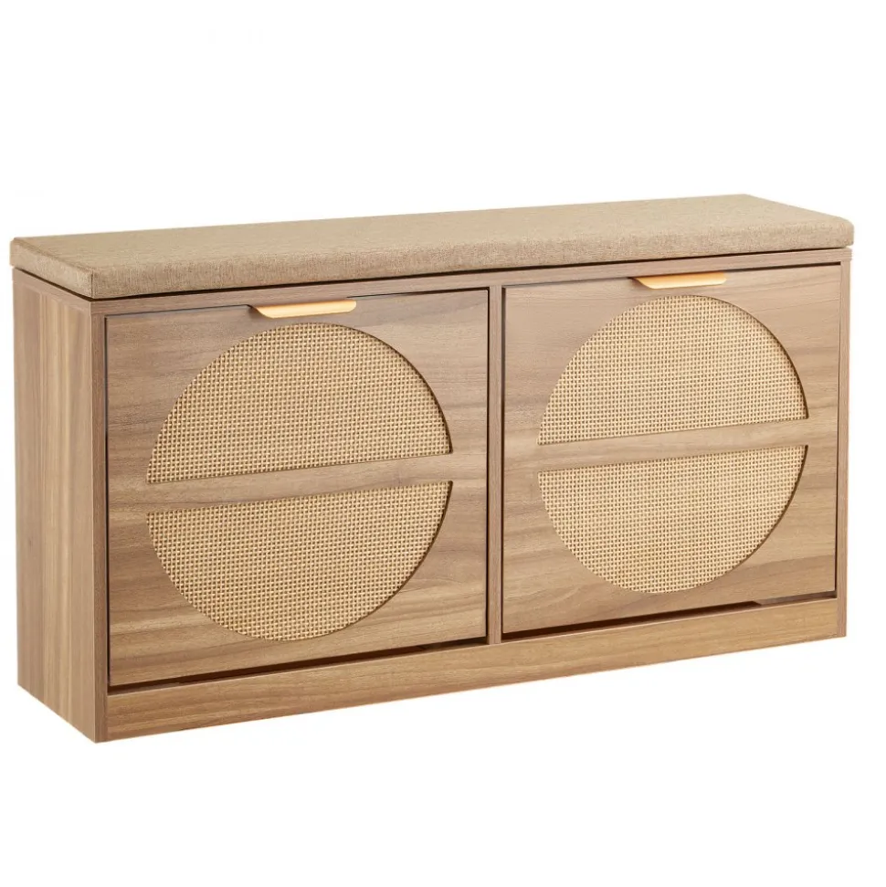 VEVOR Entryway Shoe Storage Bench 38.9" Wide 2-Tier Shoe Bench Rattan-Like, with 2 Flip Drawers, 440 lbs Load Capacity Storage Rack with Padded Seat Cushion, for Hallway, Living Room, and Bedroom