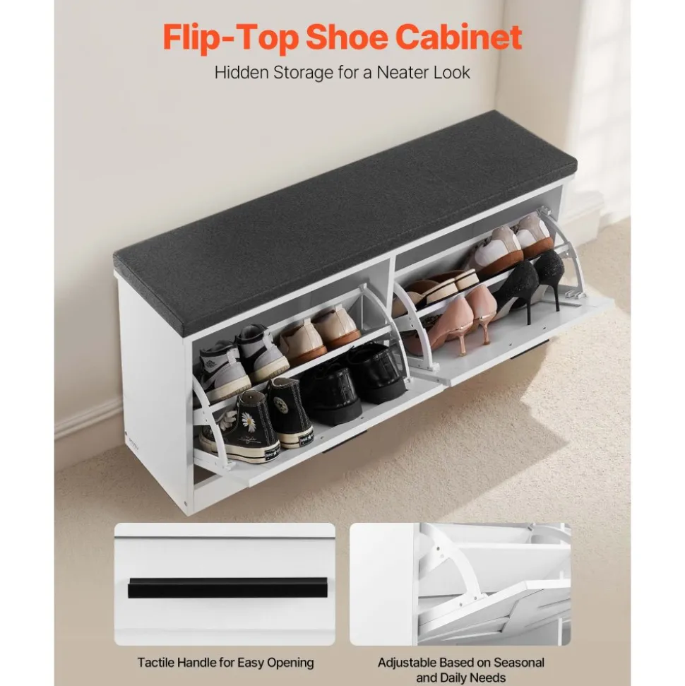 VEVOR Entryway Shoe Storage Bench 39.4" Wide 2-Tier Shoe Bench Black White, with 2 Flip Drawers, 440 lbs Load Capacity Storage Rack with Padded Seat Cushion, for Hallway, Living Room, and Bedroom