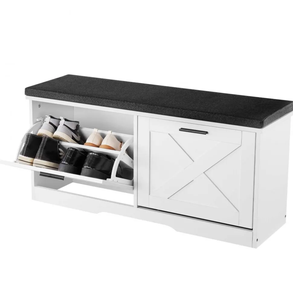 VEVOR Entryway Shoe Storage Bench 39.4" Wide 2-Tier Shoe Bench Black White, with 2 Flip Drawers, 440 lbs Load Capacity Storage Rack with Padded Seat Cushion, for Hallway, Living Room, and Bedroom