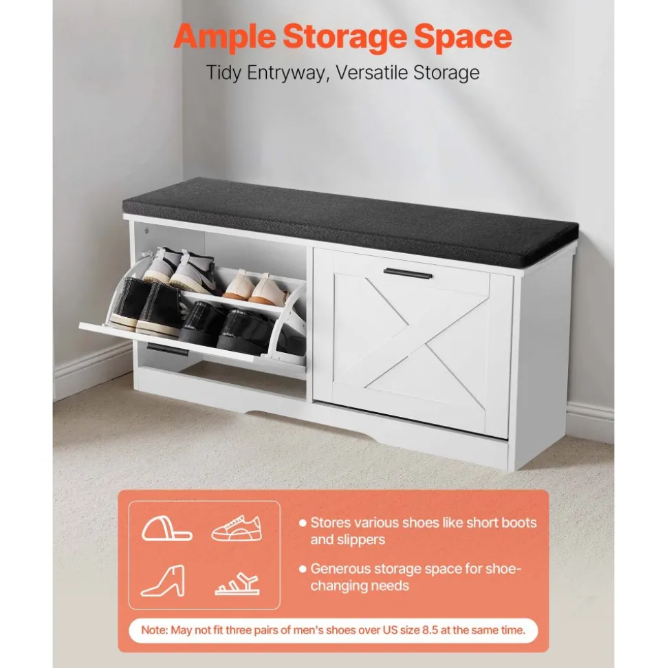 VEVOR Entryway Shoe Storage Bench 39.4" Wide 2-Tier Shoe Bench Black White, with 2 Flip Drawers, 440 lbs Load Capacity Storage Rack with Padded Seat Cushion, for Hallway, Living Room, and Bedroom