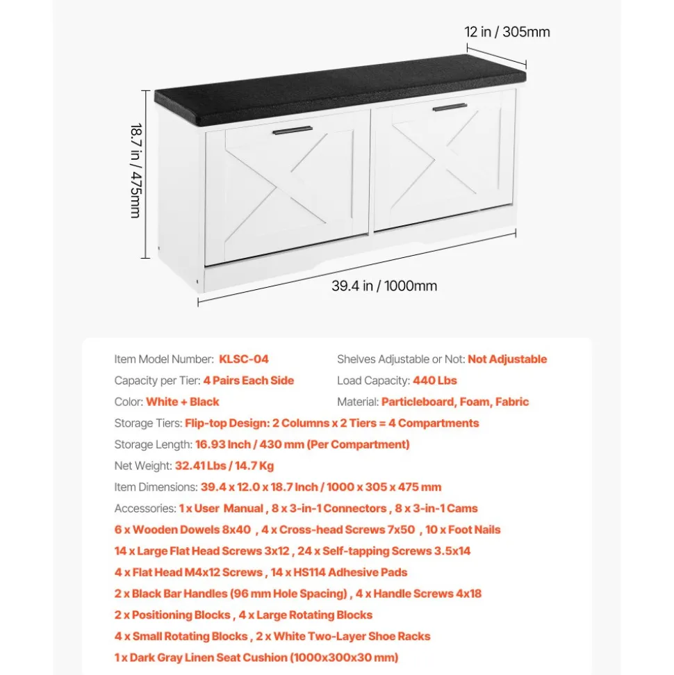 VEVOR Entryway Shoe Storage Bench 39.4" Wide 2-Tier Shoe Bench Black White, with 2 Flip Drawers, 440 lbs Load Capacity Storage Rack with Padded Seat Cushion, for Hallway, Living Room, and Bedroom