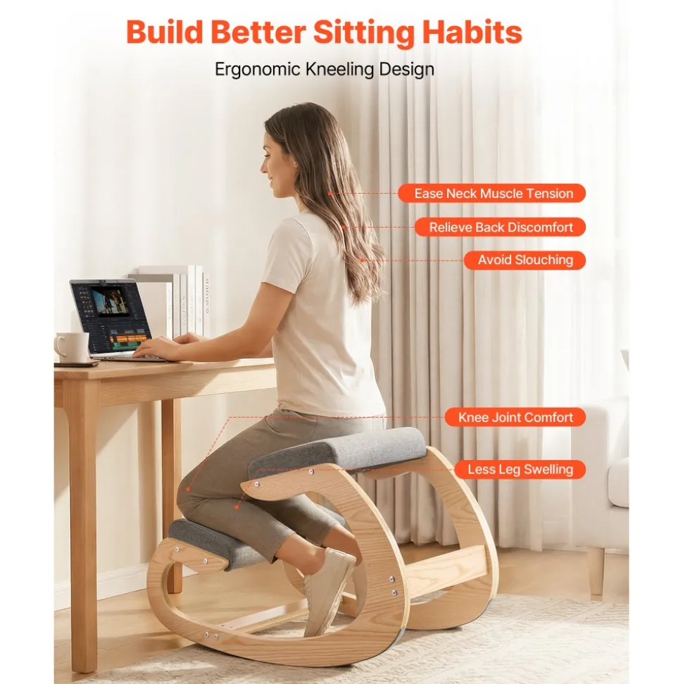 VEVOR Ergonomic Kneeling Chair, Wooden Posture Knee Chair with Adjustable Thick Foam Cushions & Solid Wood Frame, Adjustable Height, Relief for Neck or Back Pain for Home, Office or Meditation, Beige