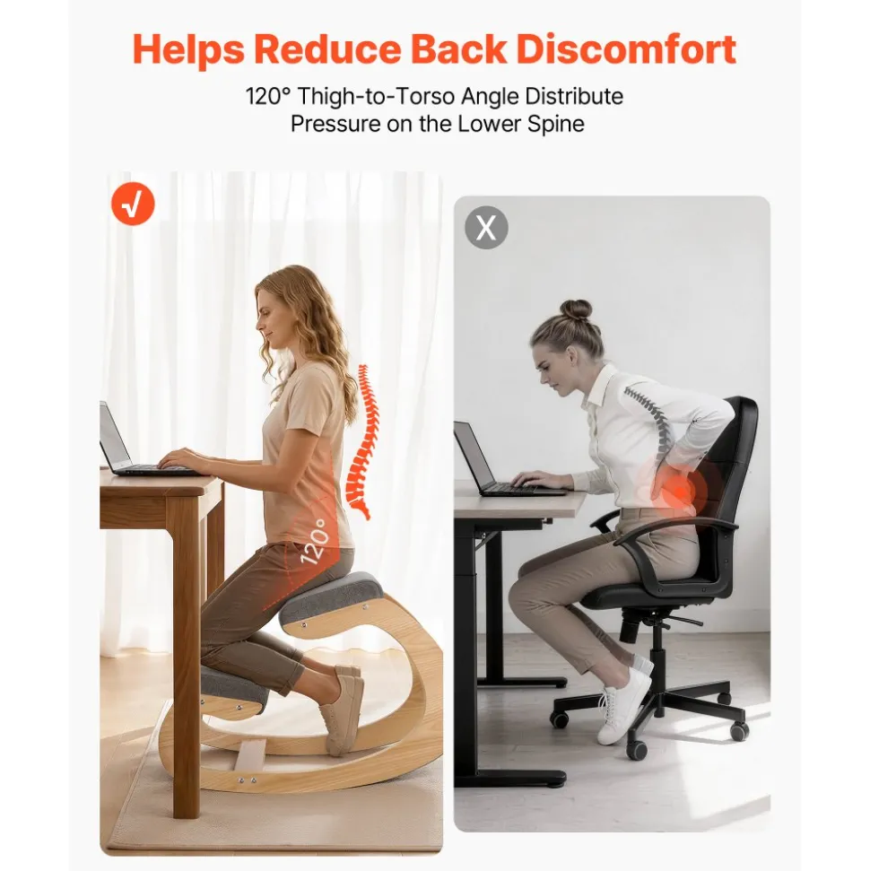 VEVOR Ergonomic Kneeling Chair, Wooden Posture Knee Chair with Adjustable Thick Foam Cushions & Solid Wood Frame, Adjustable Height, Relief for Neck or Back Pain for Home, Office or Meditation, Beige