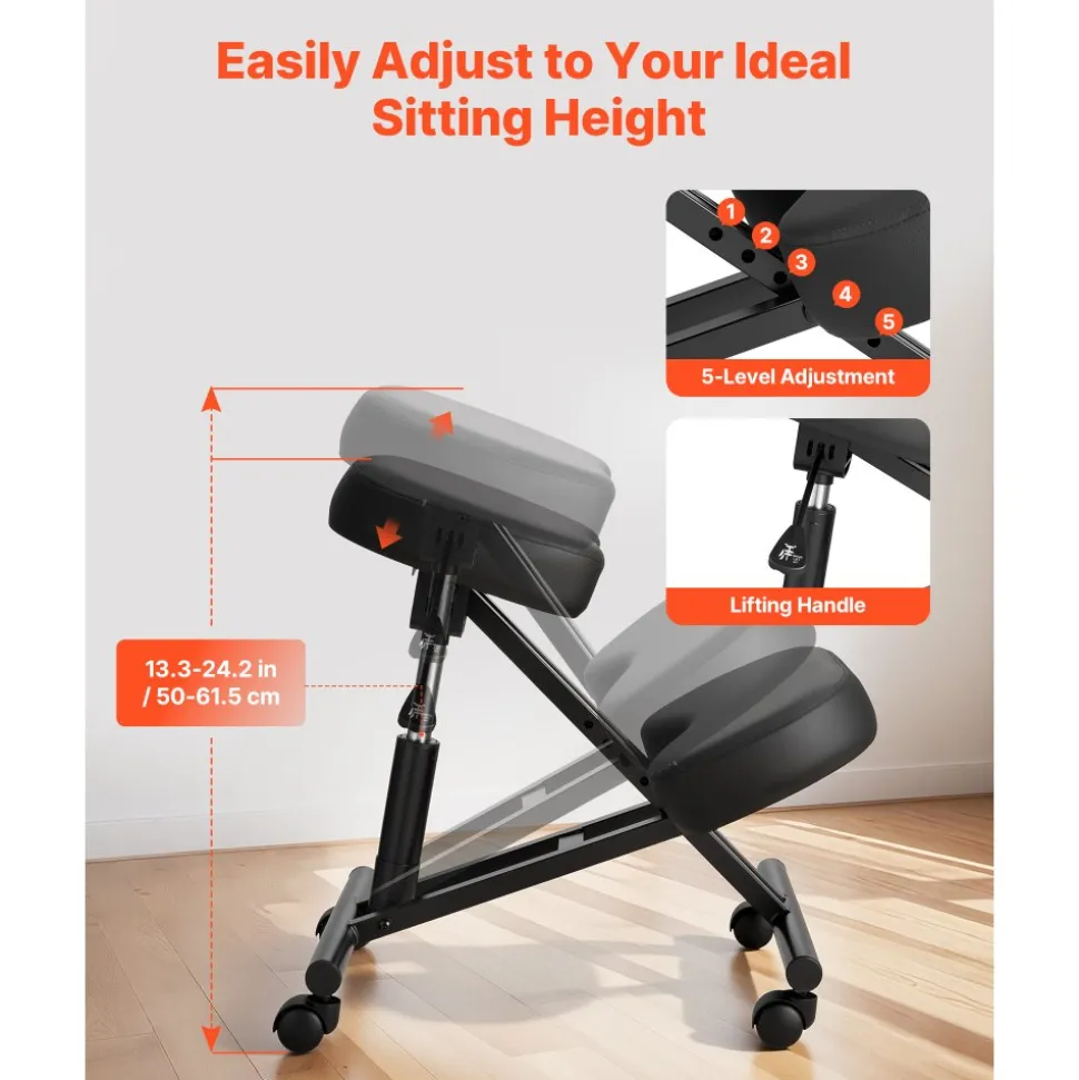 VEVOR Ergonomic Kneeling Chair with Wheels, Mobile X-Shaped Posture Knee Chair with Adjustable Height & Thick Foam Cushions, Natural Relief for Neck or Back Pain for Home, Office or Meditation, Black