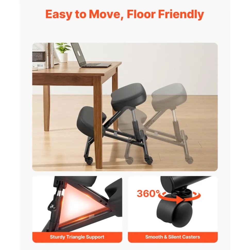 VEVOR Ergonomic Kneeling Chair with Wheels, Mobile X-Shaped Posture Knee Chair with Adjustable Height & Thick Foam Cushions, Natural Relief for Neck or Back Pain for Home, Office or Meditation, Black