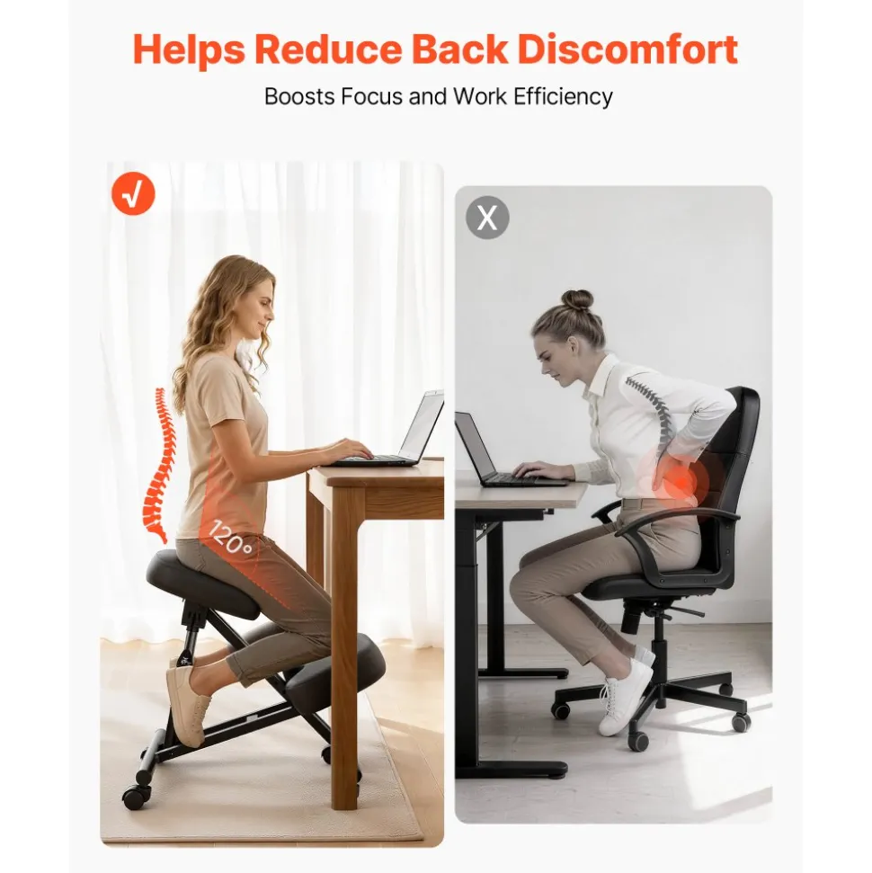 VEVOR Ergonomic Kneeling Chair with Wheels, Mobile X-Shaped Posture Knee Chair with Adjustable Height & Thick Foam Cushions, Natural Relief for Neck or Back Pain for Home, Office or Meditation, Black