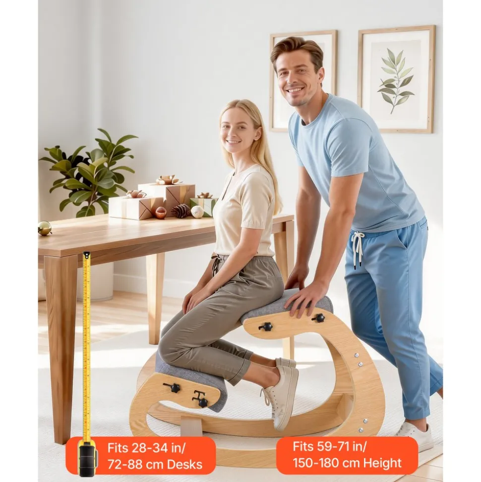 VEVOR Ergonomic Kneeling Chair, Wooden Posture Knee Chair with Adjustable Thick Foam Cushions & Solid Wood Frame, Adjustable Height, Relief for Neck or Back Pain for Home, Office or Meditation, Gray