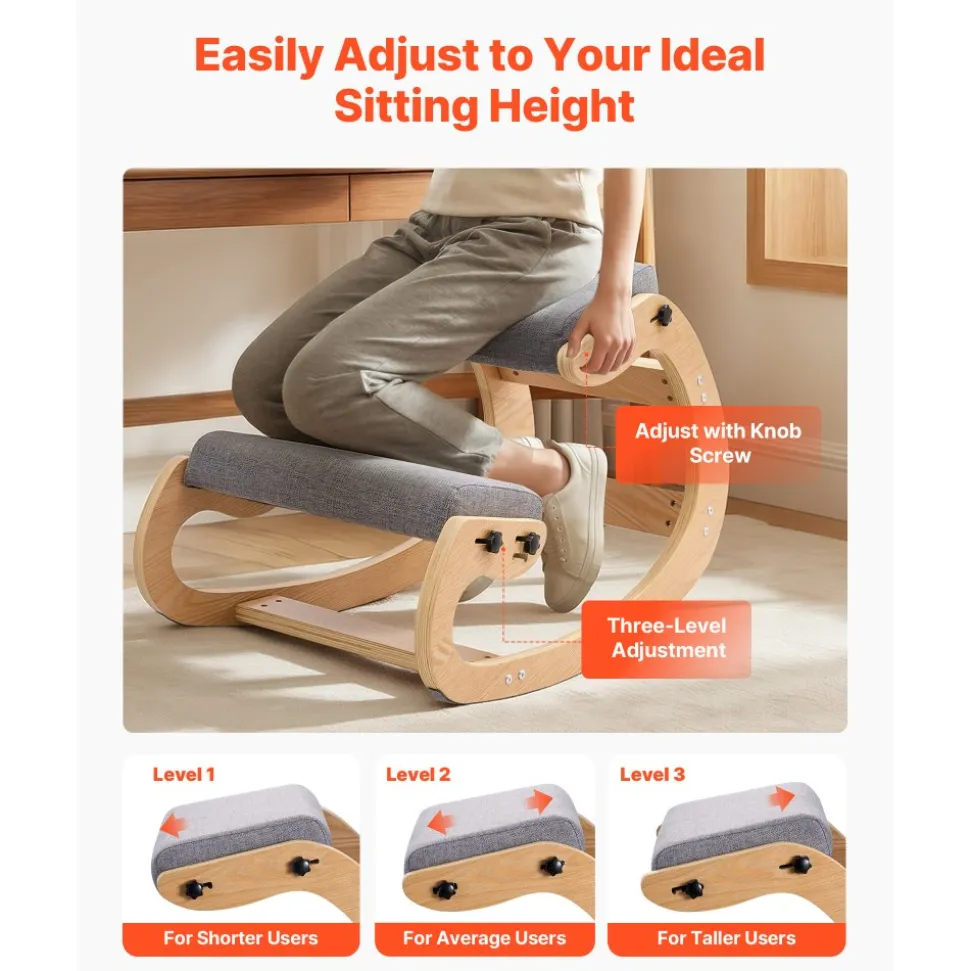 VEVOR Ergonomic Kneeling Chair, Wooden Posture Knee Chair with Adjustable Thick Foam Cushions & Solid Wood Frame, Adjustable Height, Relief for Neck or Back Pain for Home, Office or Meditation, Gray