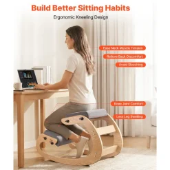 VEVOR Ergonomic Kneeling Chair, Wooden Posture Knee Chair with Adjustable Thick Foam Cushions & Solid Wood Frame, Adjustable Height, Relief for Neck or Back Pain for Home, Office or Meditation, Gray