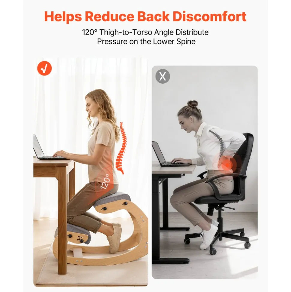 VEVOR Ergonomic Kneeling Chair, Wooden Posture Knee Chair with Adjustable Thick Foam Cushions & Solid Wood Frame, Adjustable Height, Relief for Neck or Back Pain for Home, Office or Meditation, Gray