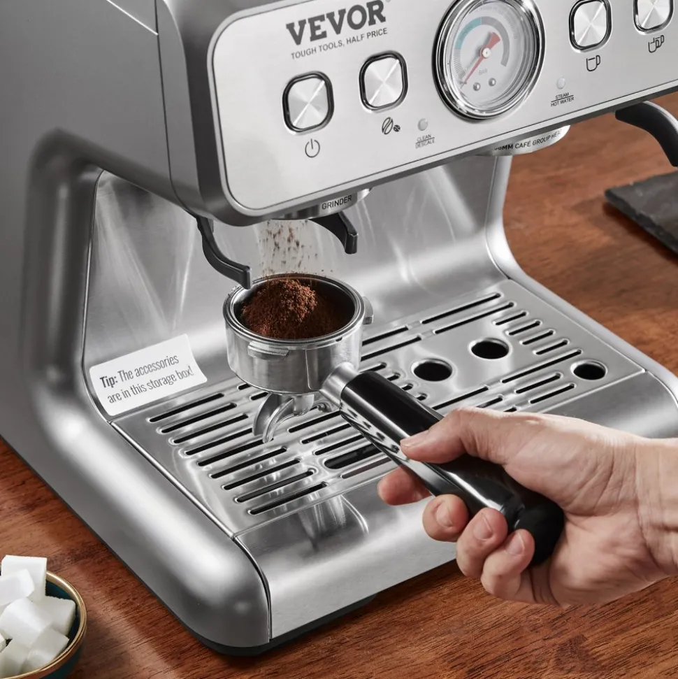 VEVOR Espresso Machine with Grinder, 15 Bar Semi-Automatic Espresso Coffee Maker with Milk Frother Steam Wand, Removable Water Tank & Pressure Gauge for Cappuccino, Latte, Machiato, PID Control System