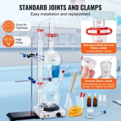 VEVOR Essential Oil Distillation Kit, 2000ml Distillation Apparatus, 3.3 Boro Lab Glassware Distillation Kit with 1000W Heating Plate and 24, 40 Joint, 28 pcs Set