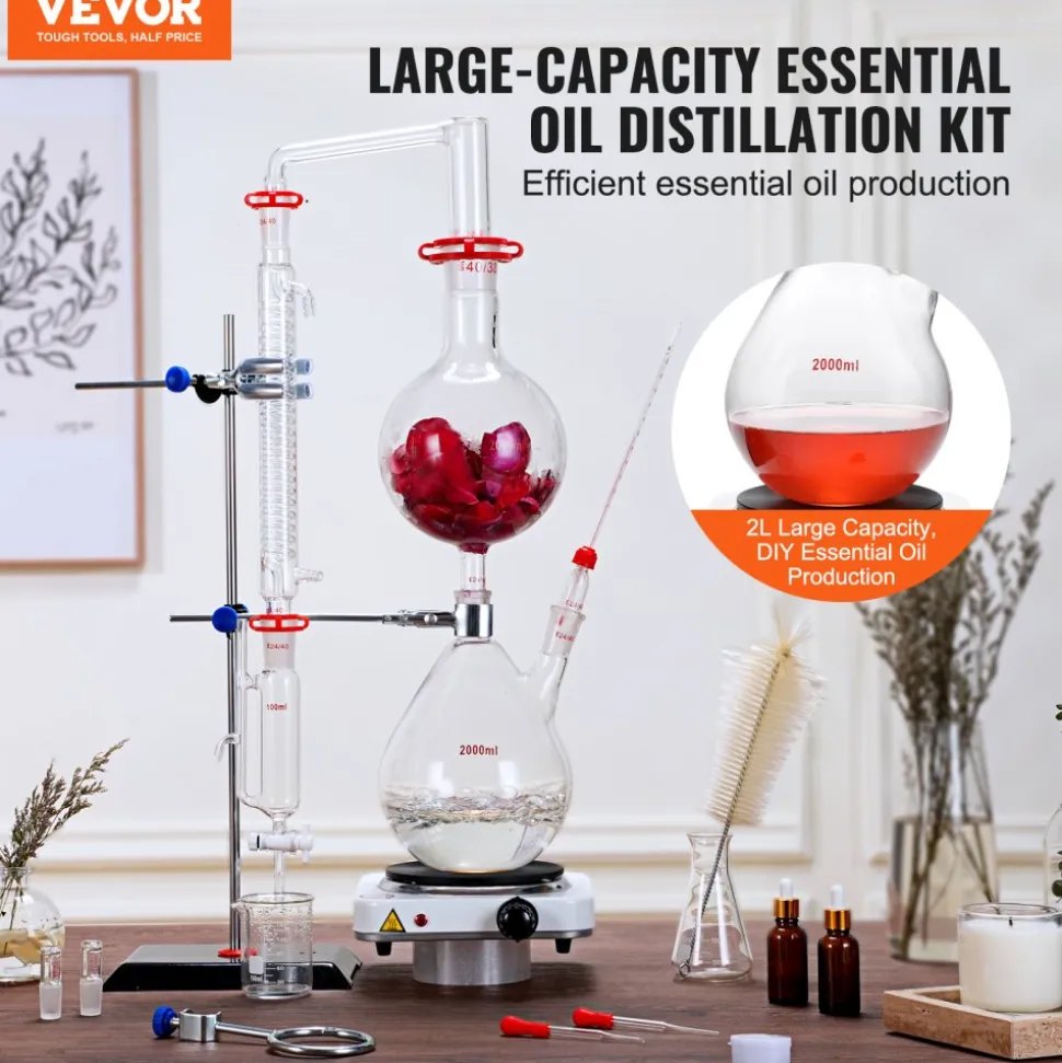 VEVOR Essential Oil Distillation Kit, 2000ml Distillation Apparatus, 3.3 Boro Lab Glassware Distillation Kit with 1000W Heating Plate and 24, 40 Joint, 28 pcs Set