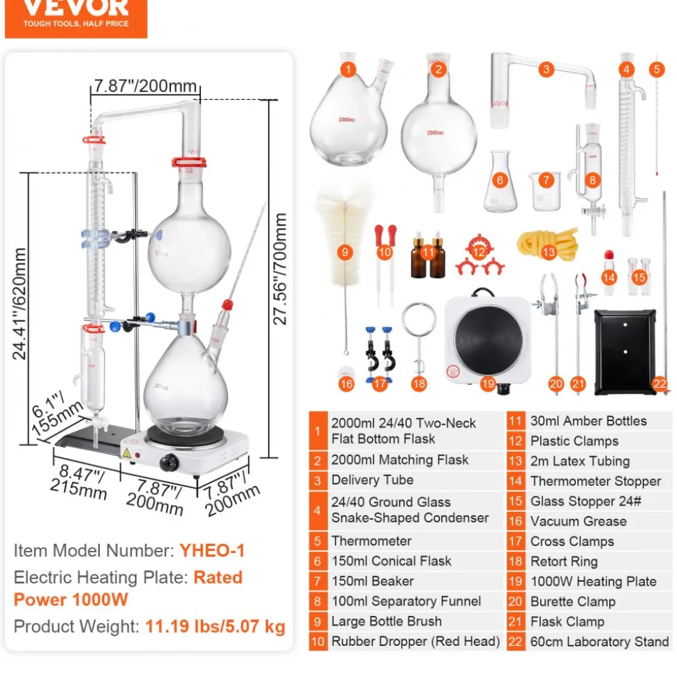VEVOR Essential Oil Distillation Kit, 2000ml Distillation Apparatus, 3.3 Boro Lab Glassware Distillation Kit with 1000W Heating Plate and 24, 40 Joint, 28 pcs Set