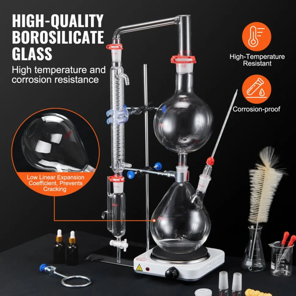 VEVOR Essential Oil Distillation Kit, 2000ml Distillation Apparatus, 3.3 Boro Lab Glassware Distillation Kit with 1000W Heating Plate and 24, 40 Joint, 28 pcs Set