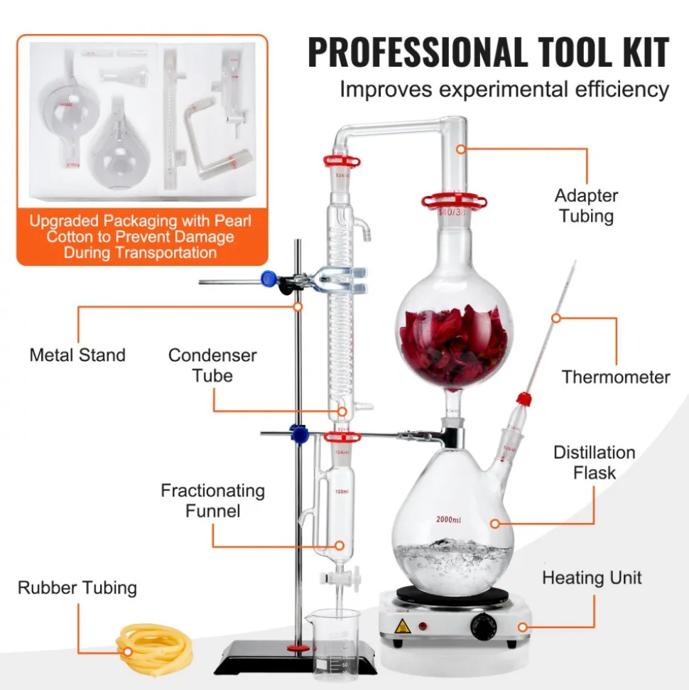 VEVOR Essential Oil Distillation Kit, 2000ml Distillation Apparatus, 3.3 Boro Lab Glassware Distillation Kit with 1000W Heating Plate and 24, 40 Joint, 28 pcs Set